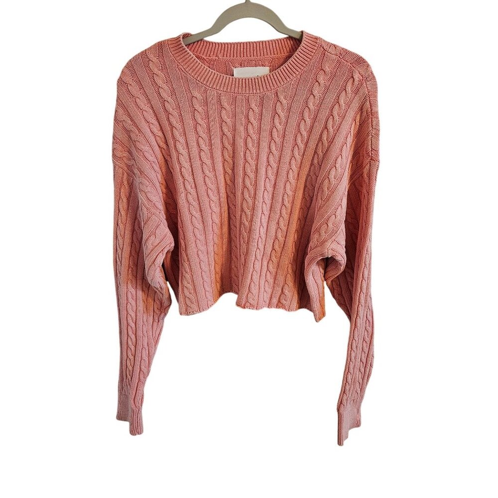 Aerie Woman Size XL Pink Cable Knit Cropped Sweater Cotton Casual Long Sleeve